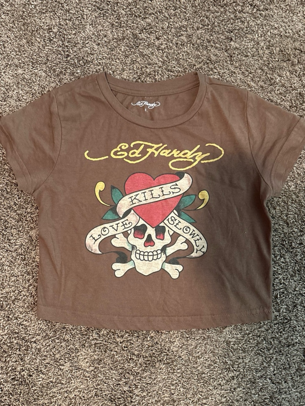 Ed Hardy Brown Crop Tee with Red Heart & Skull Graphic